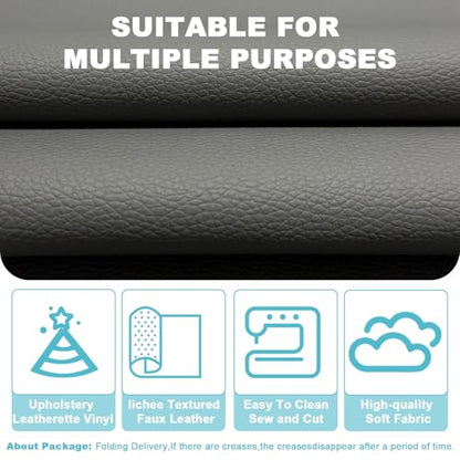 Grey Faux Leather Fabric 79"×55" Lychee Grain Upholstery Vinyl - color: Gray Lychee Grain, size: 79"x55" (200cm x 140cm)