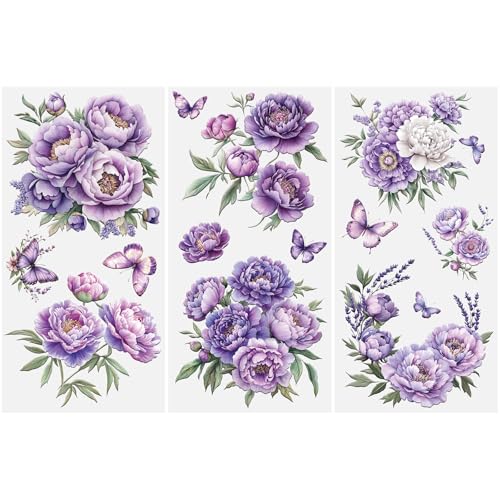 Flowers Rub on Transfer Stickers, 3 Sheets Peony Theme Furniture Transfer Sticker Decals Purple Floral Decals for Crafts Decor Wood Drawer Cabinet Ceramic - color: Purple Peony