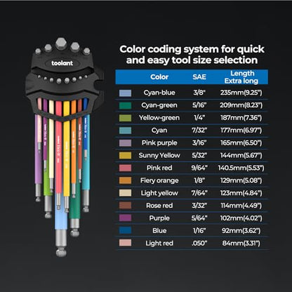 Sae Allen Wrenches Sets 13pcs, Extra Long Arm Allen Key Set with Ball End, Crafted Hex Key Set with Color Coded Sleeves, Unique Patented Holder Design for Magnetizing and Demagnetizing - size: 13PCS (SAE)