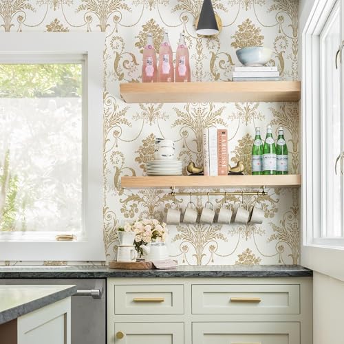 Damask Floral Peel and Stick Wallpaper Removable Gold Flowers Contact Paper - color: Gold, size: 17.3" x 118"
