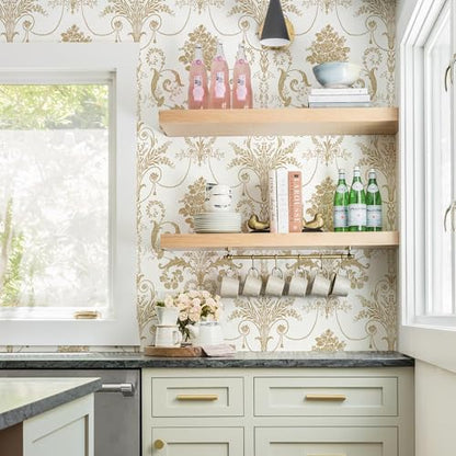Damask Floral Peel and Stick Wallpaper Removable Gold Flowers Contact Paper - color: Gold, size: 17.3" x 118"
