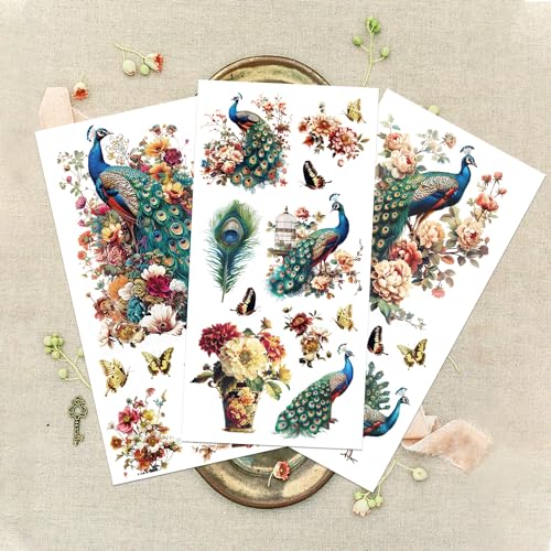 GLOBLELAND 3 Sheets Flower Peacock Furniture Transfer 6x12inch Butterfly Vase Rub on Transfer Self-Adhesive Wall Art Decals for Bedroom Living Room Desk Table Decoration - style: Peacock and Flower