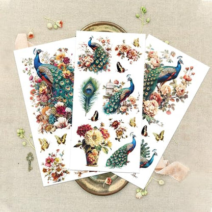 GLOBLELAND 3 Sheets Flower Peacock Furniture Transfer 6x12inch Butterfly Vase Rub on Transfer Self-Adhesive Wall Art Decals for Bedroom Living Room Desk Table Decoration - style: Peacock and Flower