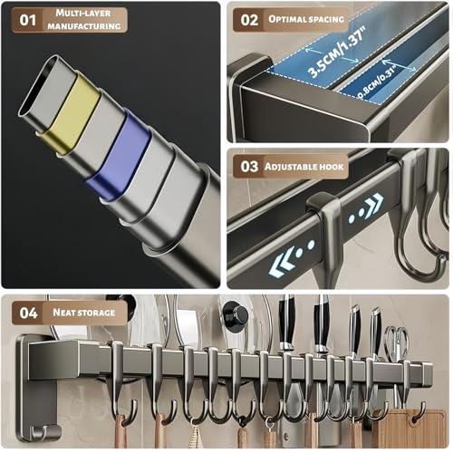 【No-Drill Adhesive for Kitchen】Utensil Rail with 8 Sliding Hooks – 11.8/15.75/19.69 Inch Rustproof Organizer for Pots, Lids & Tools, Scratch-Free Holder for Small Kitchens, Peel Off Without Damage - size: 15.75inch(40cm)