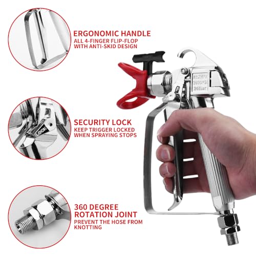 3600 PSI High Airless Paint Sprayer Gun with Nozzle Guard and with 5 Spray Nozzle Tips and 5 Airless Paint Sprayer Gun Filters and 16Inch(40CM) Spray Painted Extension Pole (211, 313, 415, 517, 623)