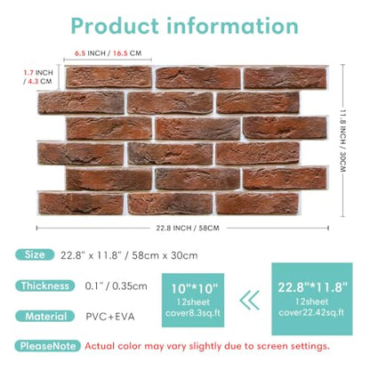 Commomy 3D Faux Brick Wall Panels Peel and Stick 12 pcs 22.8" x 11.8" Red - color: Large Brick-D