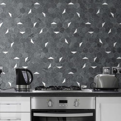 DICOFUN 1-Sheet 12"x12" Black Slate Hexagon Tile Peel and Stick Backsplash, PVC Mixed Silver Metal Mosaic Tiles for Kitchen and Bathroom - color: Black Slate + Silver Metal Chip, size: 1 Sheet, 12''x12''x0.12''