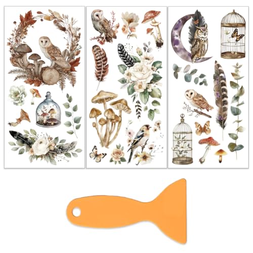 OLYCRAFT 3 Sheets/Set Owl Rub on Transfers for Furniture and Craft 6x12 Inch Mushrooms Furniture Decal Transfer Stickers Rub on Decal with 1pc Scraper for Wooden Furnitures Home Decorations - style: Owl