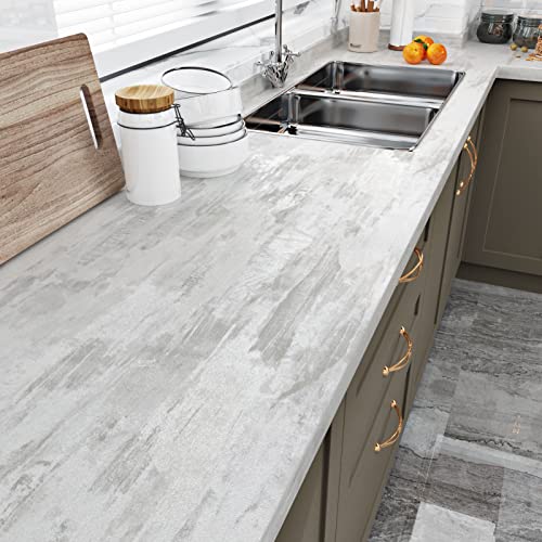 Wallercity Thick Textured Beige Wood Contact Paper 15.8"x78.7" Kitchen Peel and Stick Countertops Contact Paper Gray Matt Cement Wallpaper Self Adhesive Waterproof Vinyl Wrap for Cabinets Desk Table - color: Gray/White, size: 15.8" x 78.7"
