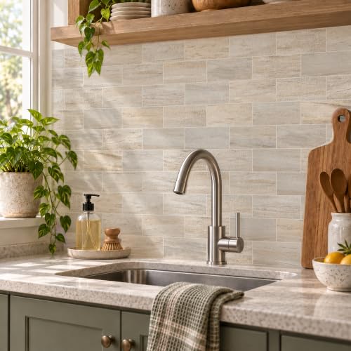 StyloVue 100 Pieces Peel and Stick Backsplash for Kitchen, 3" x 6" PVC Subway Tile Upgraded Grayish Beige with Gray Grout Backsplash Stick on Tile Elevate Kitchen, Bathroom, Fireplace,RV - color: Grayish Beige