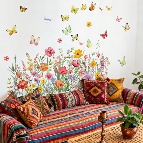 Colorful Wildflower Butterfly Wall Stickers Watercolor Floral Decals Peel and Stick Waterproof Clings for Bathroom Living Room Home Decor - color: Wildflower
