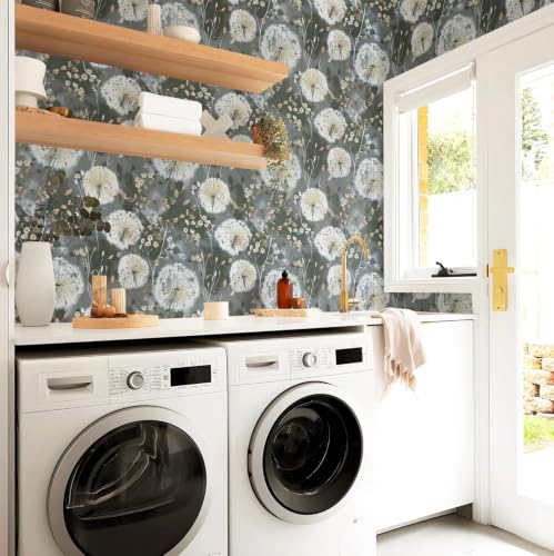 Nukofal Dandelion Wallpaper Peel and Stick Floral Wallpaper 16.9"x118.1" - color: Dark Gray, size: 16.9" x 118.1"
