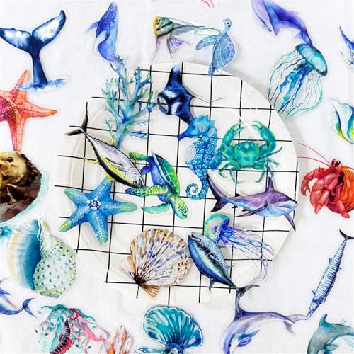 50pcs Ocean Animal Stickers for Laptop Water Bottles, Transparent PET Waterproof Adhesive Fish Decals Under The Sea Marine Life Sticker for Kids Birthday Party Scrapbook Phone (Blue) - color: Blue