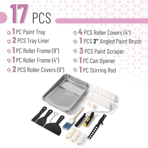 Bates- 9 Inch Paint Roller Kit, 17 pcs, Plastic Paint Tray, Clear Disposable Tray Liners, 4" & 9" Roller Frame, Roller Covers 4" & 9", Angle Brush, Plastic Scrappers, Can Opener and Stirring Rod