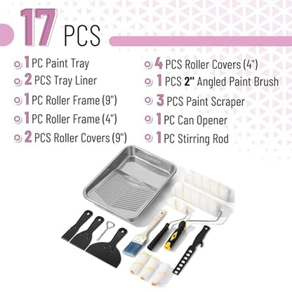 Bates- 9 Inch Paint Roller Kit, 17 pcs, Plastic Paint Tray, Clear Disposable Tray Liners, 4" & 9" Roller Frame, Roller Covers 4" & 9", Angle Brush, Plastic Scrappers, Can Opener and Stirring Rod