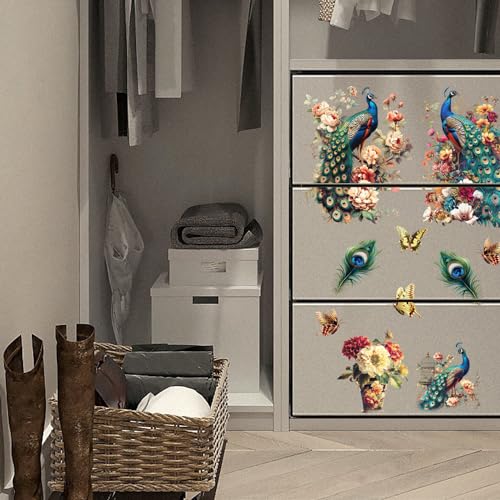 GLOBLELAND 3 Sheets Flower Peacock Furniture Transfer 6x12inch Butterfly Vase Rub on Transfer Self-Adhesive Wall Art Decals for Bedroom Living Room Desk Table Decoration - style: Peacock and Flower