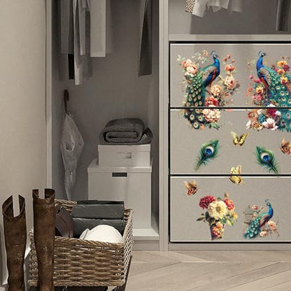 GLOBLELAND 3 Sheets Flower Peacock Furniture Transfer 6x12inch Butterfly Vase Rub on Transfer Self-Adhesive Wall Art Decals for Bedroom Living Room Desk Table Decoration - style: Peacock and Flower