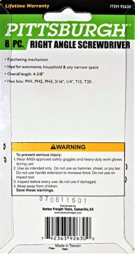 Right Angle Screwdriver, Ratcheting, 7 Hex Bits [PH1, PH2, PH3, 3/16", 1/4" T15 & T20]