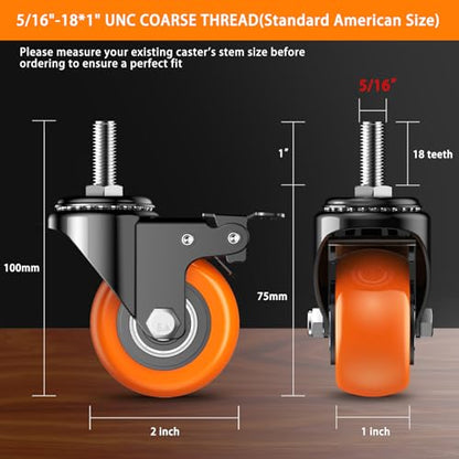2 inch Caster Wheels 5/16" - 18x1 Threaded Stem Casters Set of 4 Heavy Duty(Stem Diameter 5/16" UNC, Stem Length 1"). Safety Locking Industrial Casters for Carts, Furniture(Orange) - size: 2 Inch_5/16"-18x1"