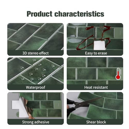 Alwayspon 10 Sheets 12"x6" Emerald Green 3D Vinyl Backsplash Marble Tiles, Self-Adhesive Peel and Stick Wall Tile Stickers Stick on Subway Tiles for Kitchen Bathroom Wall, 623 - color: Green