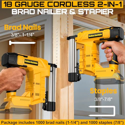 18 Gauge 2-in-1 Cordless Brad Nailer & Staple Gun, Compatible with DeWalt 20V MAX Batteries(No Battery),Includes 1000 Brad Nails & Staples for Home Improvement, DIY & Woodworking