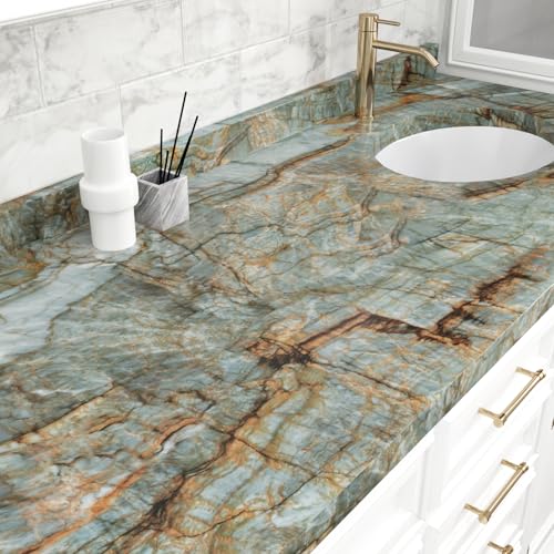 Wallercity Matte Blue/Brown Marble Contact Paper for Table Top Peel and Stick Countertops Granite Wallpaper for Bathroom Kitchen Cabinets Cupboards Waterproof Removable Vinyl Wrap for Desk 24x118 in - size: 24" x 118"