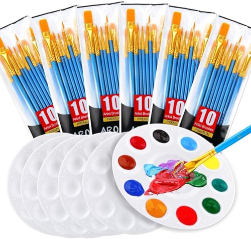 AROIC Paint Brush Palette Set, 6 Packs of 60 Brushes and 6 Tray Palettes - size: 60 Brushes 6 Palettes