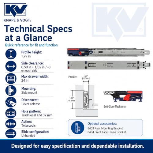Knape & Vogt Side Mount Soft-Close Drawer Slide, Pair, Inch - size: 20 Inch