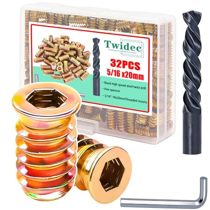 Twidec/32PCS 5/16"-18 Threaded Inserts for Wood Furniture Screw-in Nut Wood Inserts Bolt Assortment Kit with M8 Hex Wrench (5/16"-18 x20mm) - size: 5/16-18x20mm