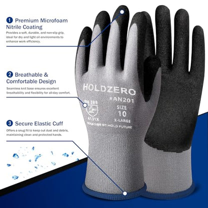 Seamless Knit Nylon Gloves Coated with Micro Foam Nitrile Touchscreen No-slip Safety Work for Men & Women - size: Large