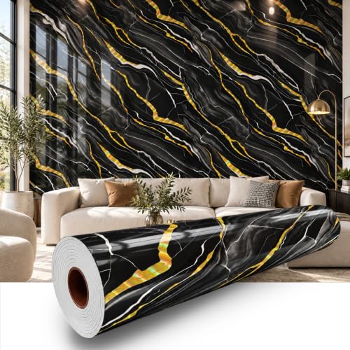Black Holographic Gold Marble Peel & Stick Wallpaper 47.2 x 394 in - color: Black Holographic Gold Marble, size: 47.2" x 394"