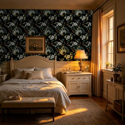 Black Green Dark Moody Floral Peel and Stick Wallpaper 17.5" x 118" - color: Black/Green/White, size: 17.5" x 118"