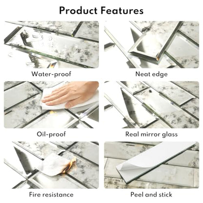 Lovdeco Peel & Stick Silver Antique Mirror Tile 3x12 Inch Beveled (20 Pcs) - color: Sliver Light Antique, size: 3x12 inch