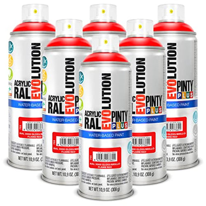 PINTY PLUS Water Based Spray Paint, 11oz, Low GWP Propellant, Low Odor, Gloss Red. Wood, Metal, Glass, Ceramics, Terra Cotta, Plastic, Pack of 6 - color: Flame Red