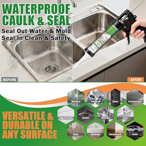 SHIELDOM Silicone Caulk White Silicone Sealant 100% Waterproof All Purpose Caulk & Seal with Caulking Tool Stronger Adhesion Shrink & Crack Proof for Kitchen, Window, Bath, Marine, Door 14oz/400ml - color: White
