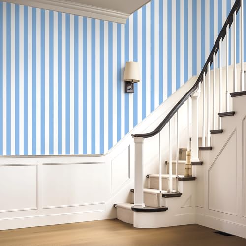 Blue and White Striped Peel and Stick Wallpaper 17.3"x400" - color: Blue, size: 17.3" x 400"