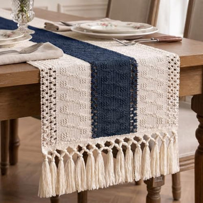 Boho Macrame Table Runner with Tassels 36in Blue Farmhouse Runner - color: White & Blue, size: 12'' x 36''