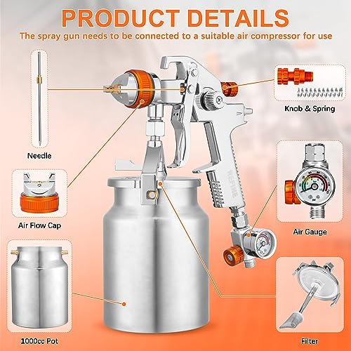 REFINE HVLP Siphon Spray Gun 1.7/2.0mm 1000cc Aluminum Cup with Regulator