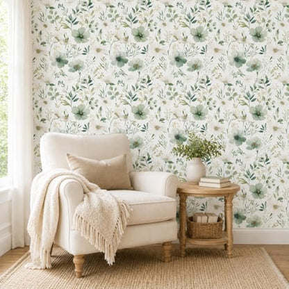 Sage Green Floral Peel and Stick Wallpaper 17.7" x 118" - color: Sage Green & White, size: 17.7" x 118"