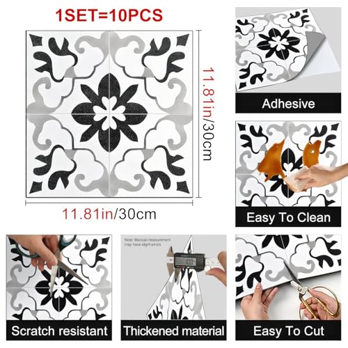 HOMETITUTE Black White Retro Peel Stick Vinyl Floor Tile 12x12 Inch - style: Black and Gray Vintage Floral