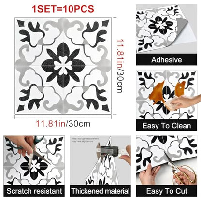 HOMETITUTE Black White Retro Peel Stick Vinyl Floor Tile 12x12 Inch - style: Black and Gray Vintage Floral