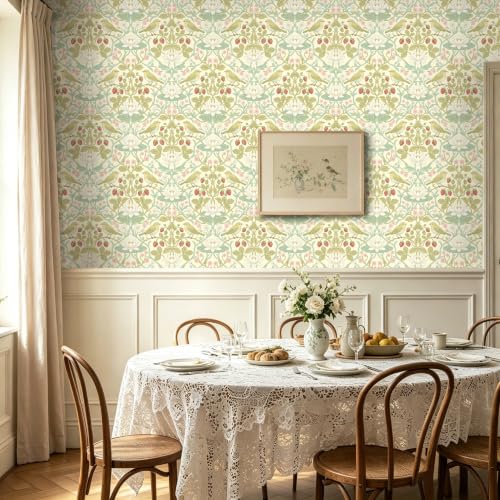 BOKEBEVE Bird Floral Wallpaper Peel Stick Beige Yellow Green 17.5 x 118In - color: Beige/Yellow, size: 17.5" x 118"
