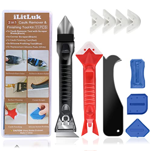 Caulk Removal Tool Kit Caulking Spatula Stainless Steel Head Grout Remover Angle Scraper Trowel with Sealant Finishing Tools Silicone Smoother with Storage Box for Window Siding Sink Joint