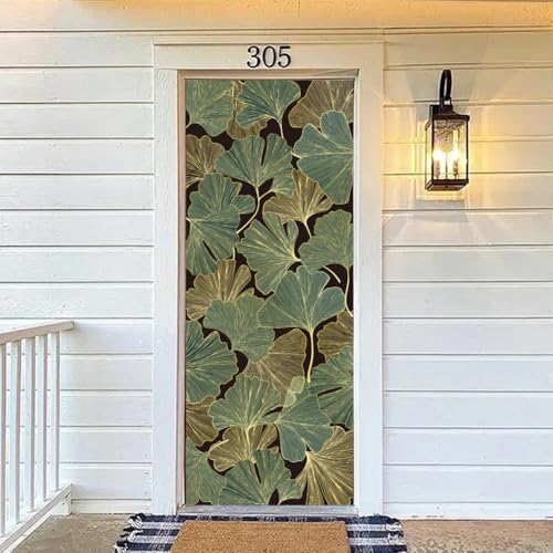arricraft 2 Sheets Ginkgo Self-Adhesive Door Sticker, 31.5x78.7inch Golden and Green Ginkgo Door Murals Stickers PVC Removable Wallpaper Decoration for Bedrooms Living Room - style: Green Ginkgo
