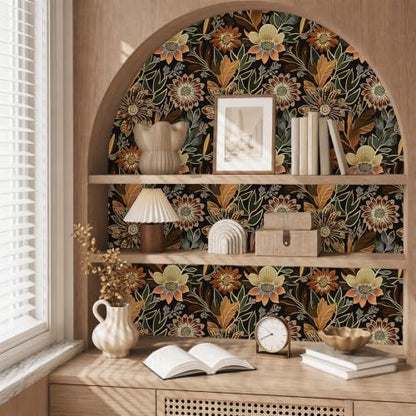 Laatse Boho Dark Black Gold Floral Wallpaper Peel and Stick 17.5"x787" - color: Black/Brown, size: 17.5" x 787"