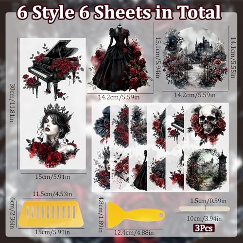 WANDIC 6 Sheets Gothic Rub On Transfer Stickers Victoria Scrapbook Stickers Window Decals Waterproof Decals for DIY Furniture Photo Albums,15 * 30cm - color: Gothic Victorian