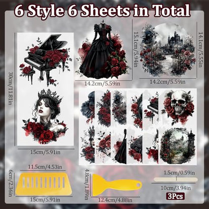 WANDIC 6 Sheets Gothic Rub On Transfer Stickers Victoria Scrapbook Stickers Window Decals Waterproof Decals for DIY Furniture Photo Albums,15 * 30cm - color: Gothic Victorian