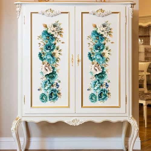 OLYCRAFT 3Pcs/Set Blue Green Flower Rub on Transfers for Furniture and Craft 6x12 Inch Peony Furniture Decal Transfer Sticker Rub on Decal with 1pc Scraper for Scrapbook Window Home Decoration - style: Blue Green Flower