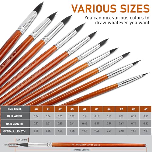 DUGATO Watercolor Brushes Set, 10-Piece Round Pointed Tip Paint Brushes - color: Brown