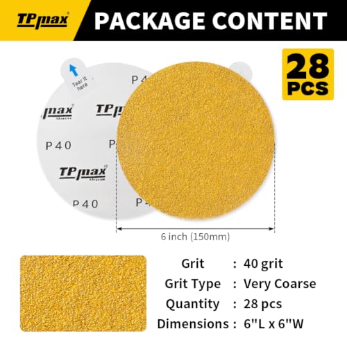 TPmax 6-Inch 40-Grit Gold PSA Sanding Discs, 28 Pack – Pro-Grade Self-Adhesive Stickyback Sandpaper with Quick-Release Tabs for DA Sander, Coarse Automotive/Wood/Metal Sanding - style: 40 Grit